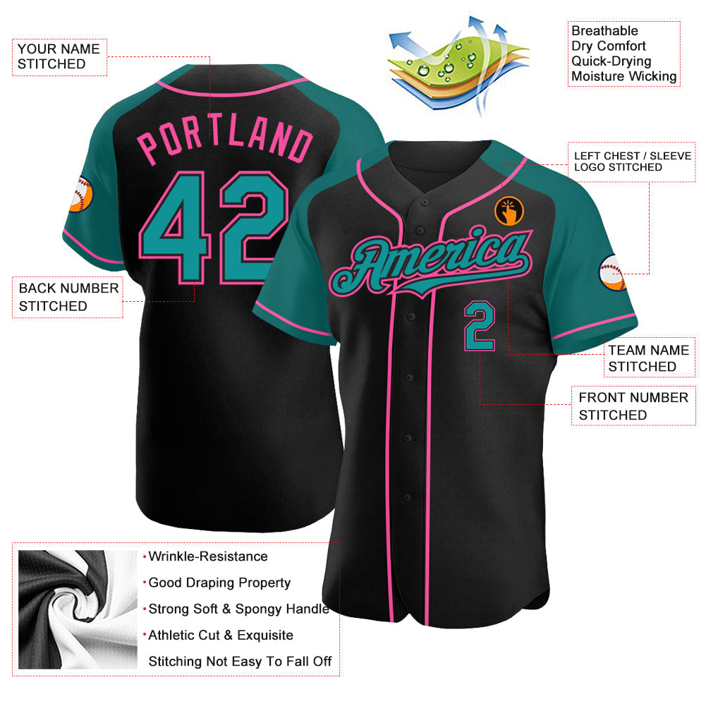Custom Black Teal-Pink Authentic Raglan Sleeves Baseball Jersey - Sky-Custom