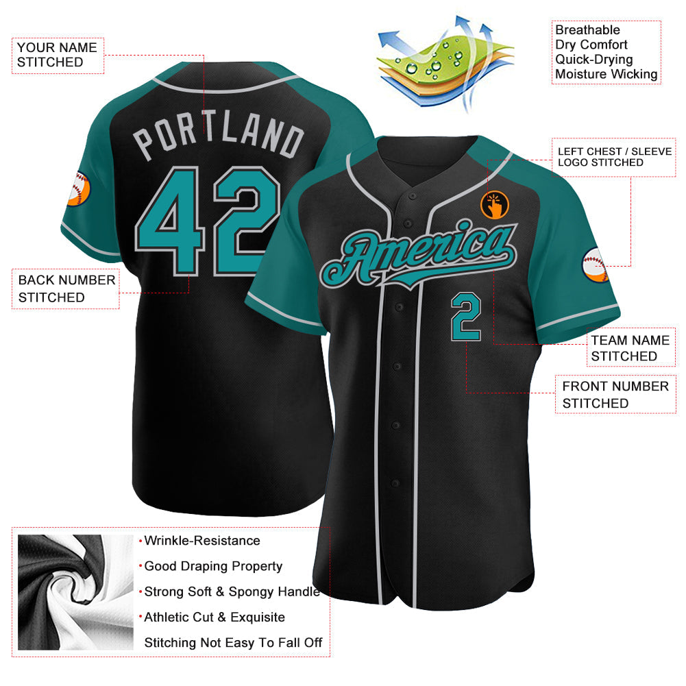 Custom Black Teal-Gray Authentic Raglan Sleeves Baseball Jersey - Sky-Custom