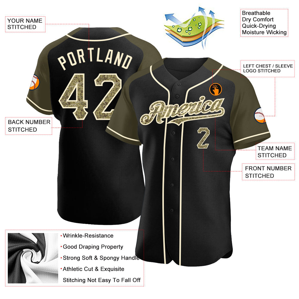 Custom Black Camo Olive-Cream Authentic Raglan Sleeves Baseball Jersey - Sky-Custom