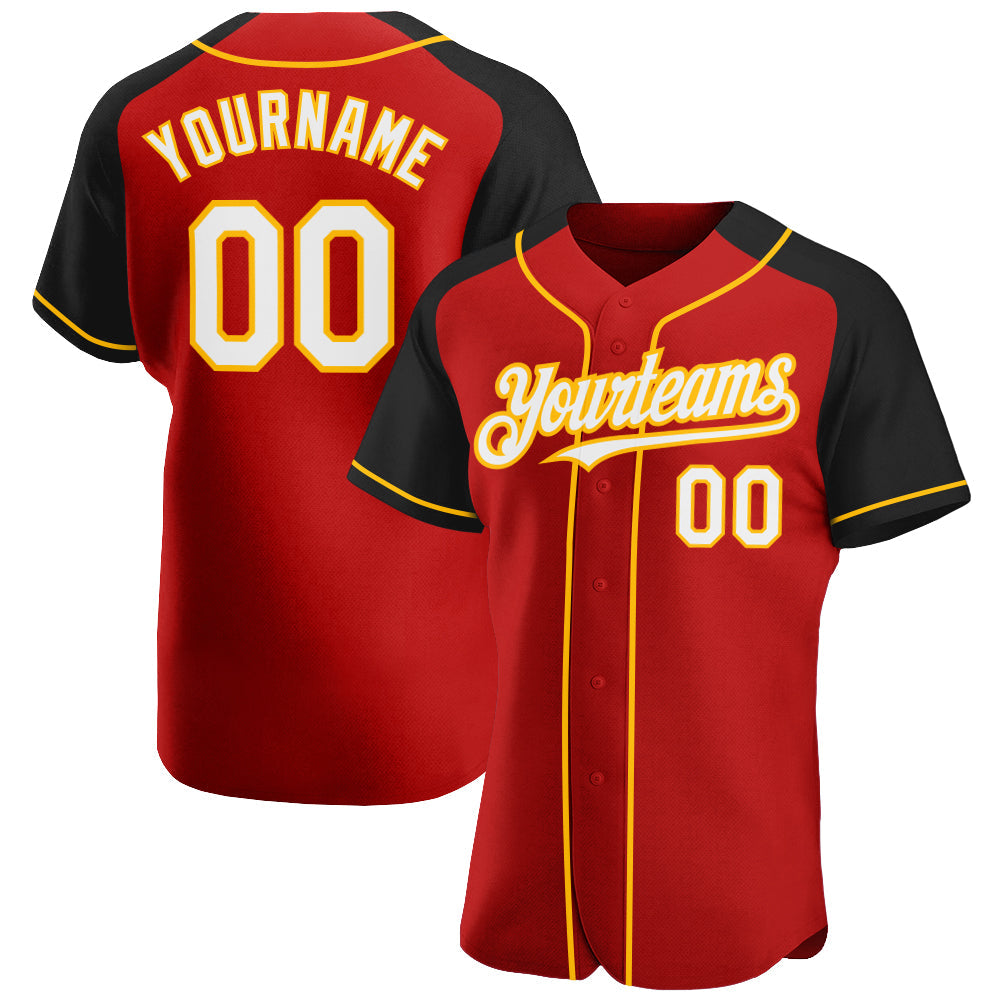 Custom Red White Black-Gold Authentic Raglan Sleeves Baseball Jersey - Sky-Custom