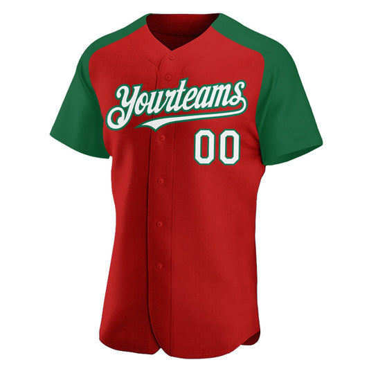 Custom Red White-Kelly Green Authentic Raglan Sleeves Baseball Jersey - Sky-Custom