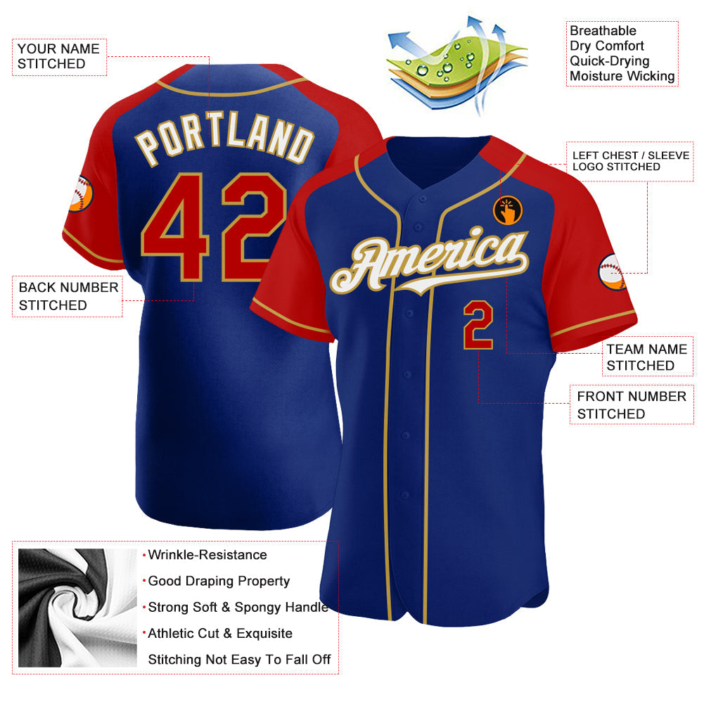 Custom Royal Red-Old Gold Authentic Raglan Sleeves Baseball Jersey - Sky-Custom