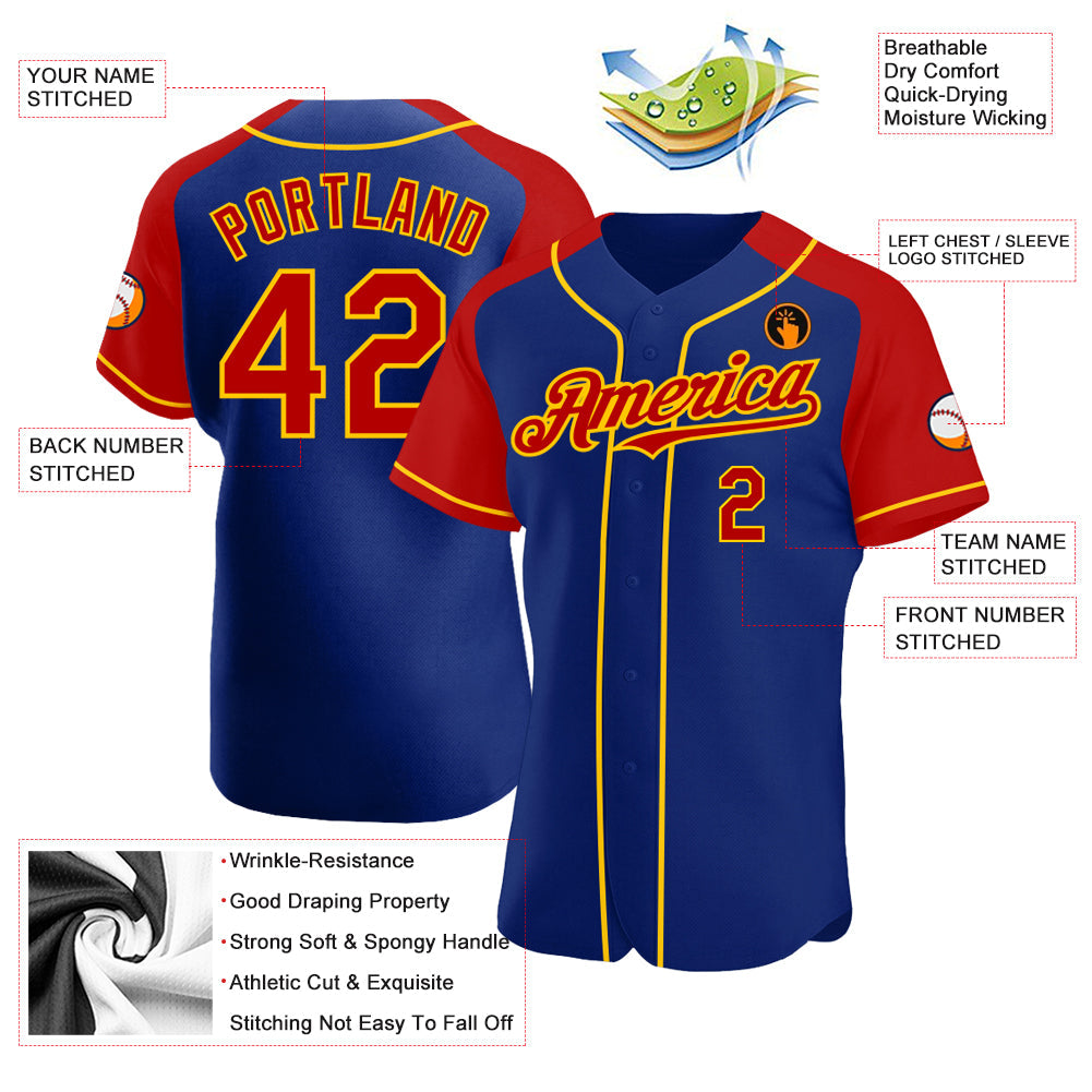 Custom Royal Red-Yellow Authentic Raglan Sleeves Baseball Jersey - Sky-Custom