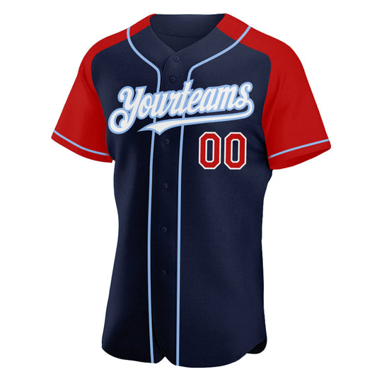 Custom Navy Red-Light Blue Authentic Raglan Sleeves Baseball Jersey - Sky-Custom