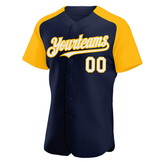 Custom Navy White-Gold Authentic Raglan Sleeves Baseball Jersey - Sky-Custom