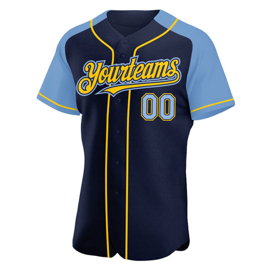 Custom Navy Light Blue-Yellow Authentic Raglan Sleeves Baseball Jersey - Sky-Custom