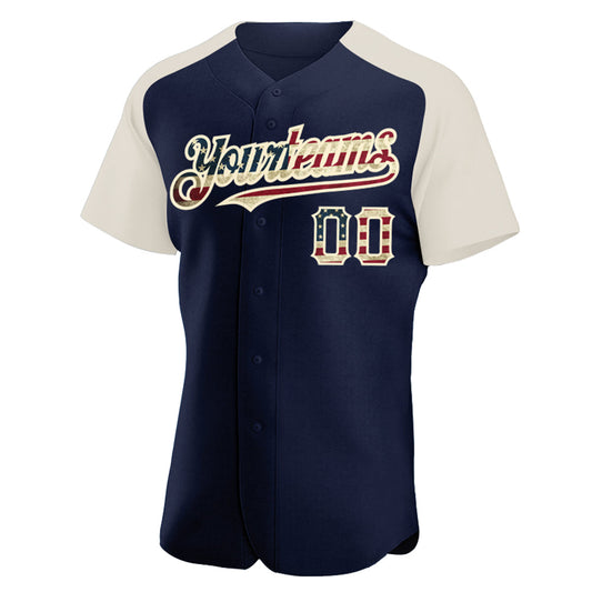 Custom Navy Vintage USA Flag-Cream Authentic Raglan Sleeves Baseball Jersey - Sky-Custom