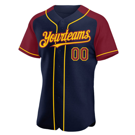 Custom Navy Crimson-Yellow Authentic Raglan Sleeves Baseball Jersey - Sky-Custom