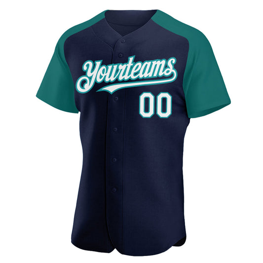 Custom Navy White-Teal Authentic Raglan Sleeves Baseball Jersey - Sky-Custom