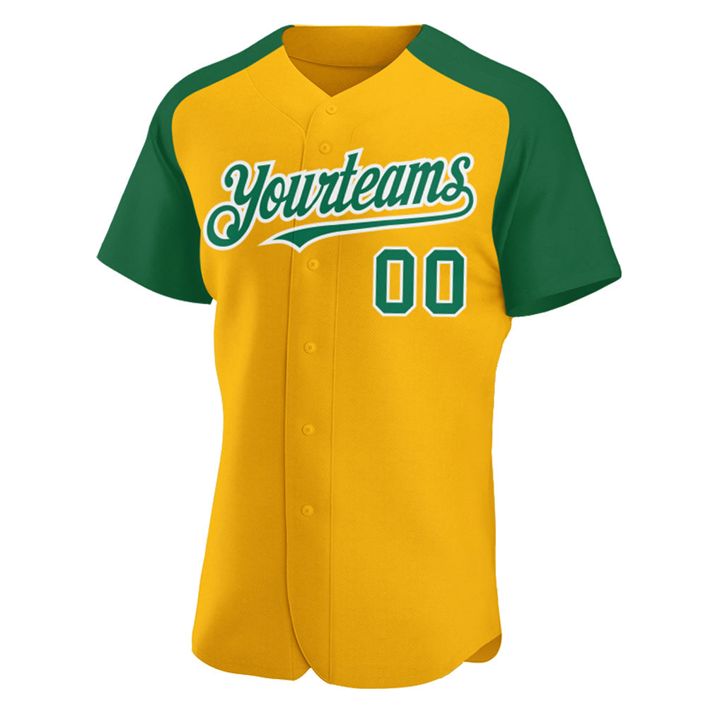 Custom Gold Kelly Green-White Authentic Raglan Sleeves Baseball Jersey - Sky-Custom
