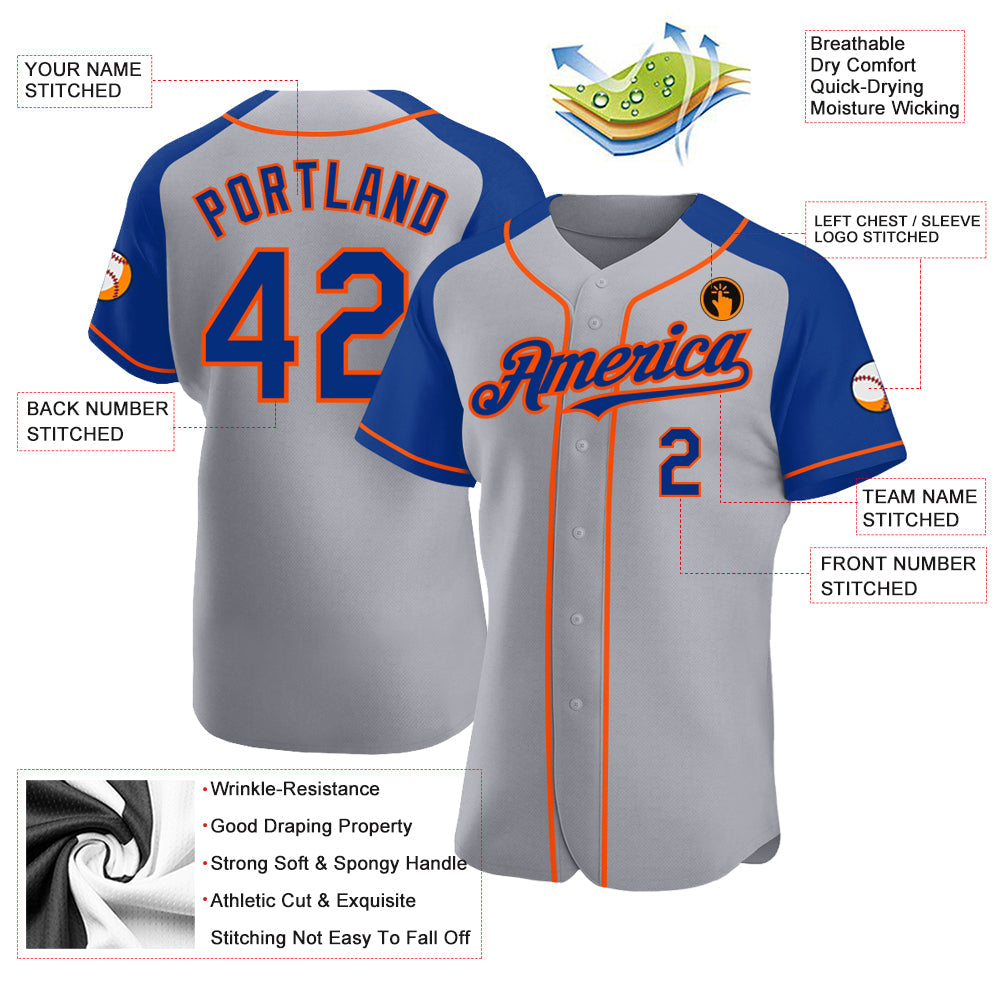 Custom Gray Royal-Orange Authentic Raglan Sleeves Baseball Jersey - Sky-Custom