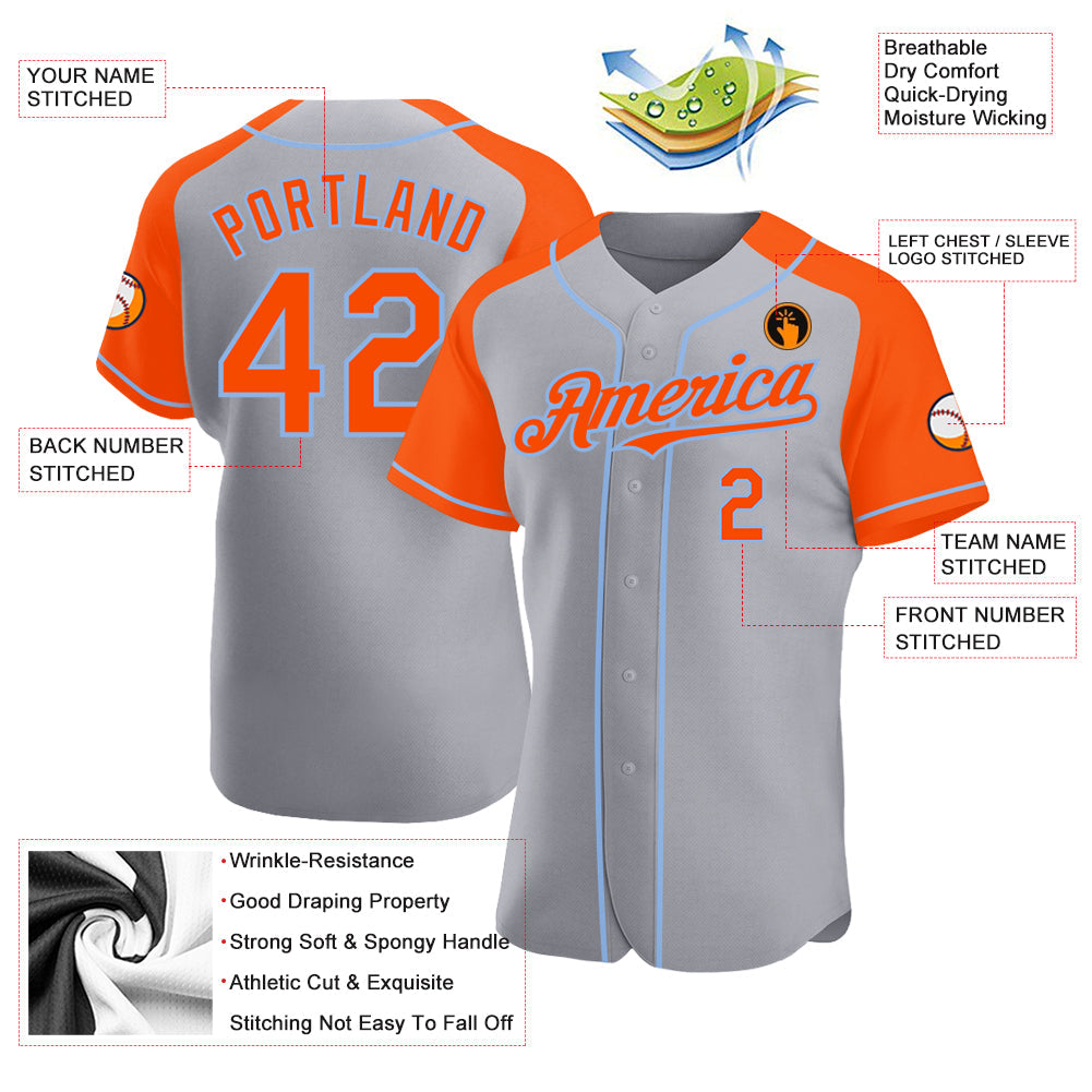 Custom Gray Orange-Light Blue Authentic Raglan Sleeves Baseball Jersey - Sky-Custom