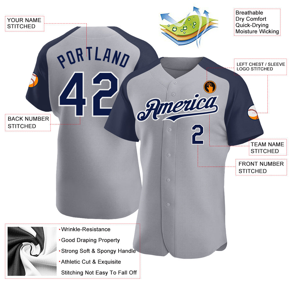 Custom Gray Navy-White Authentic Raglan Sleeves Baseball Jersey - Sky-Custom