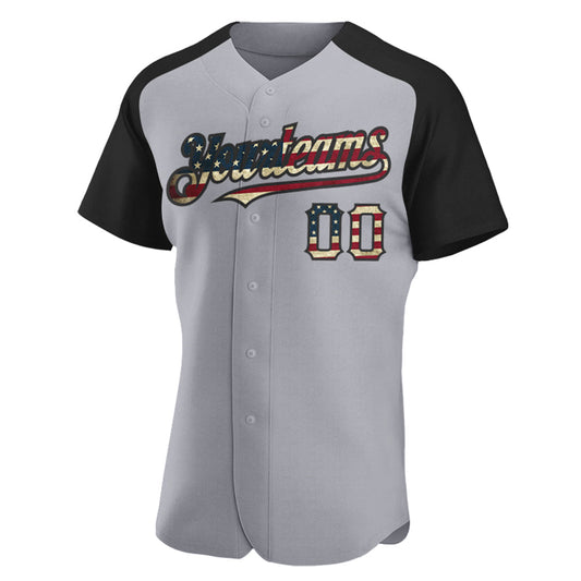 Custom Gray Vintage USA Flag-Black Authentic Raglan Sleeves Baseball Jersey - Sky-Custom