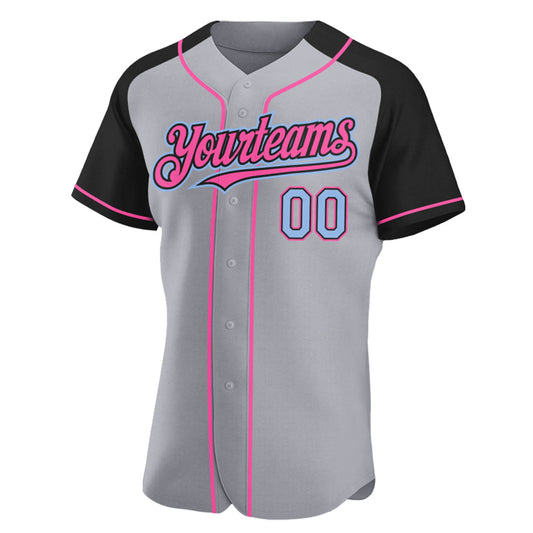 Custom Gray Light Blue Black-Pink Authentic Raglan Sleeves Baseball Jersey - Sky-Custom