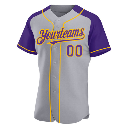 Custom Gray Purple-Gold Authentic Raglan Sleeves Baseball Jersey - Sky-Custom