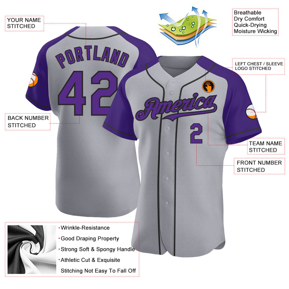 Custom Gray Purple-Black Authentic Raglan Sleeves Baseball Jersey - Sky-Custom