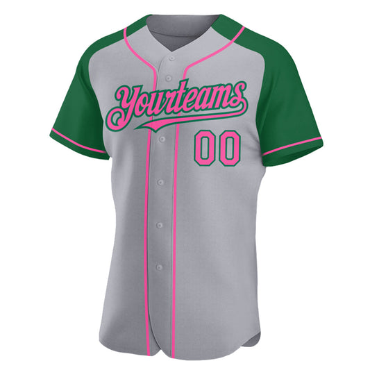 Custom Gray Pink-Kelly Green Authentic Raglan Sleeves Baseball Jersey - Sky-Custom