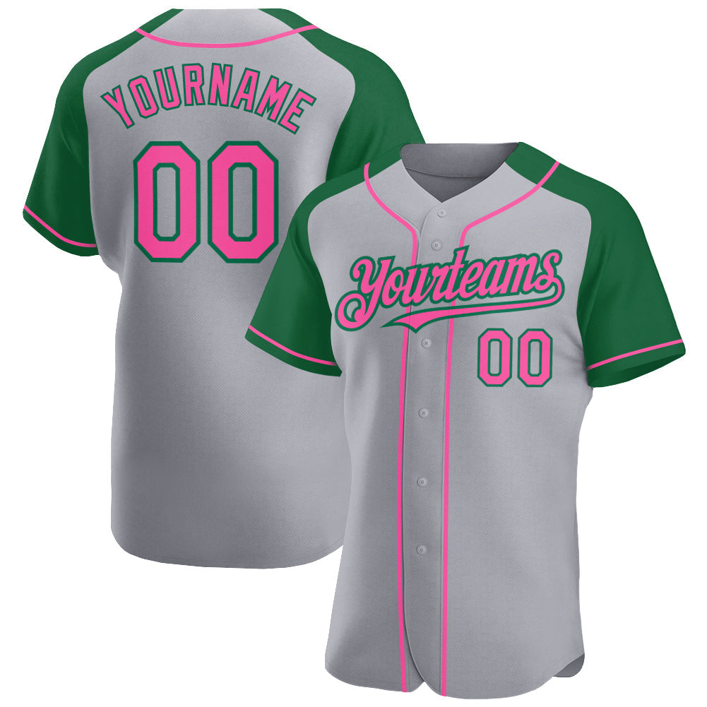 Custom Gray Pink-Kelly Green Authentic Raglan Sleeves Baseball Jersey - Sky-Custom