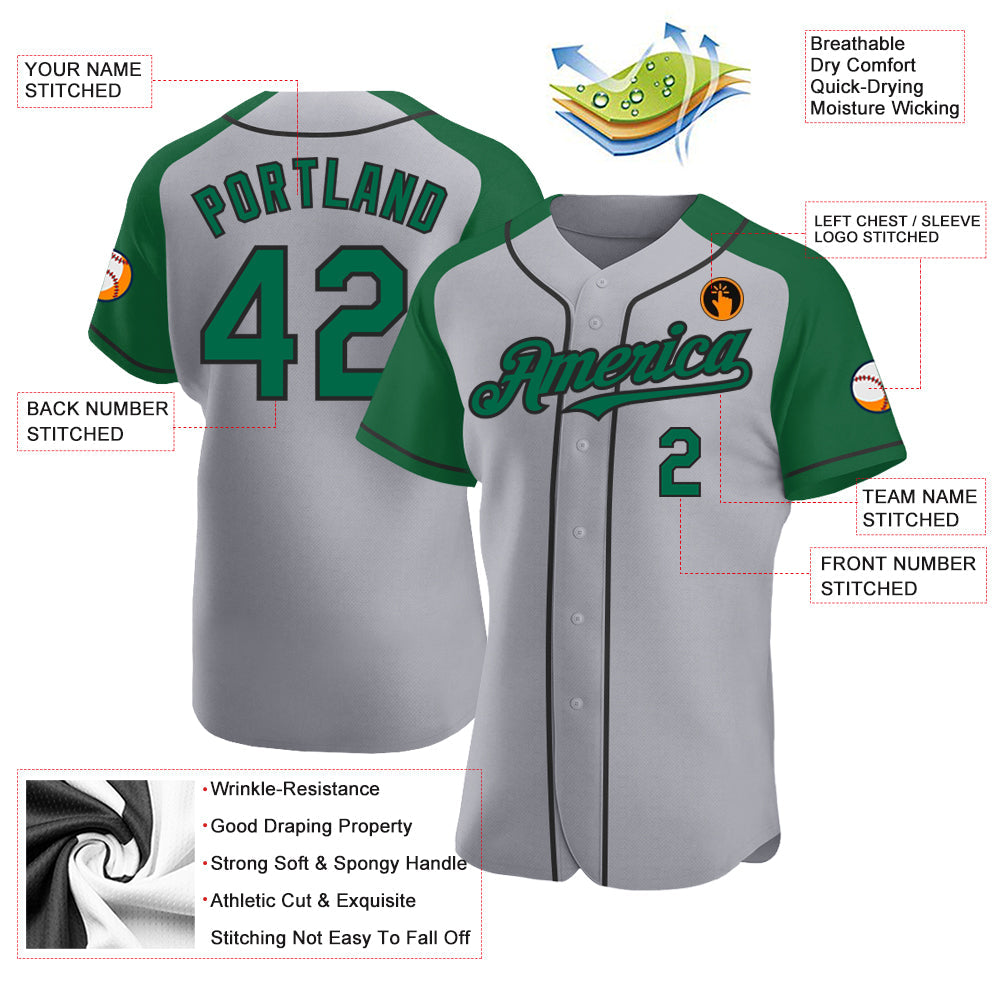 Custom Gray Kelly Green-Black Authentic Raglan Sleeves Baseball Jersey - Sky-Custom