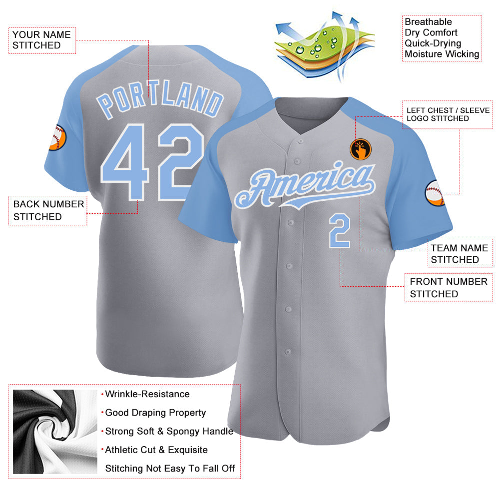 Custom Gray Light Blue-White Authentic Raglan Sleeves Baseball Jersey - Sky-Custom
