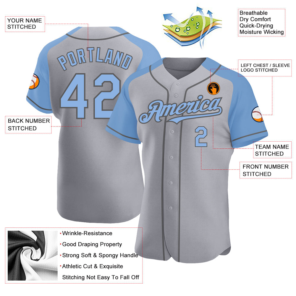 Custom Gray Light Blue-Steel Gray Authentic Raglan Sleeves Baseball Jersey - Sky-Custom