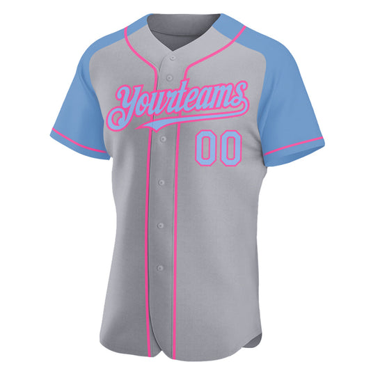 Custom Gray Light Blue-Pink Authentic Raglan Sleeves Baseball Jersey - Sky-Custom