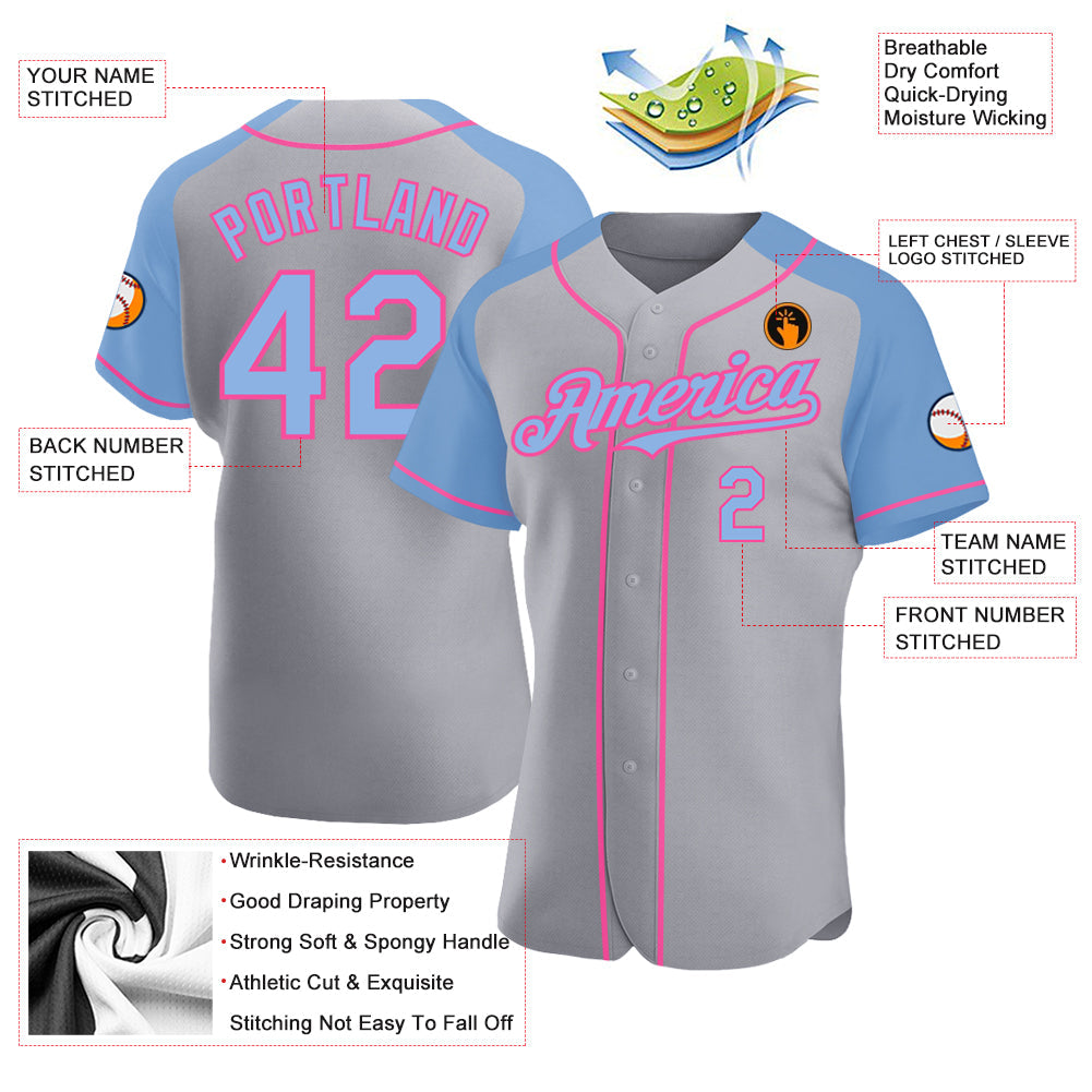 Custom Gray Light Blue-Pink Authentic Raglan Sleeves Baseball Jersey - Sky-Custom