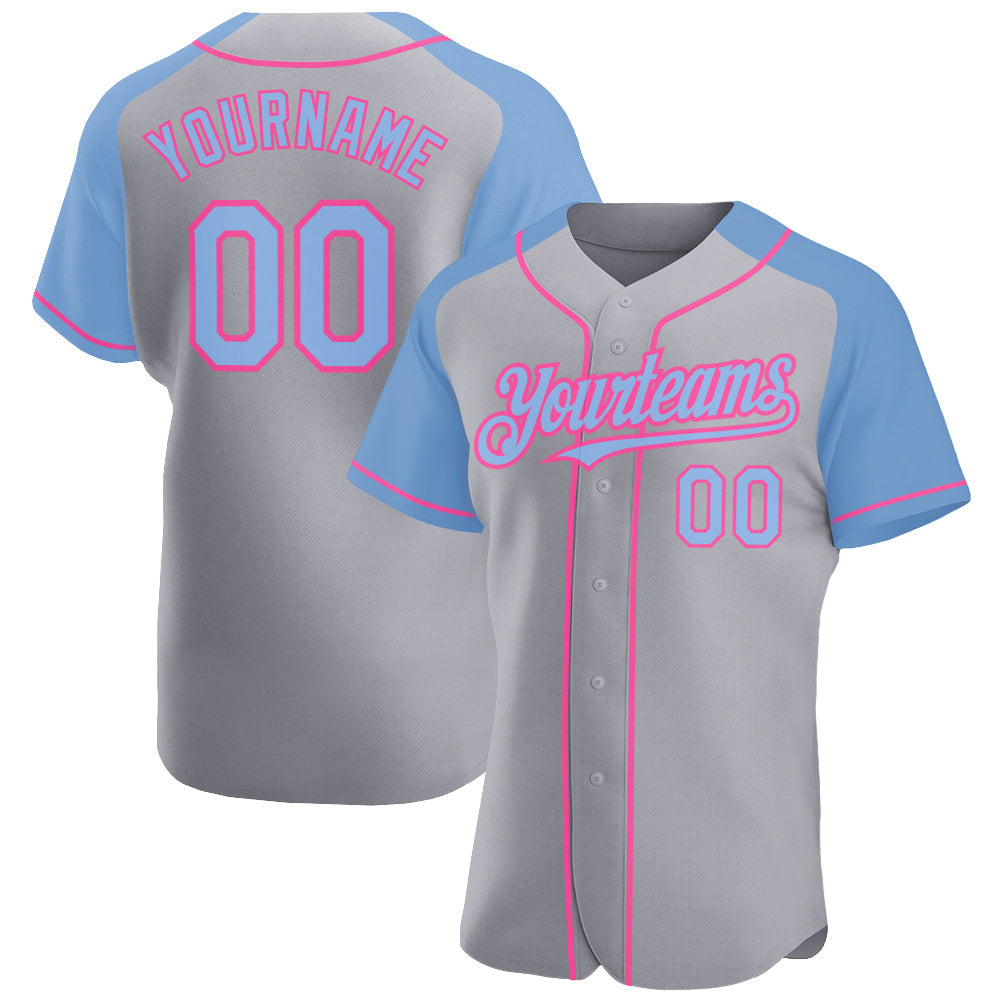 Custom Gray Light Blue-Pink Authentic Raglan Sleeves Baseball Jersey - Sky-Custom