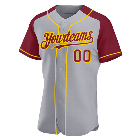 Custom Gray Crimson-Yellow Authentic Raglan Sleeves Baseball Jersey - Sky-Custom