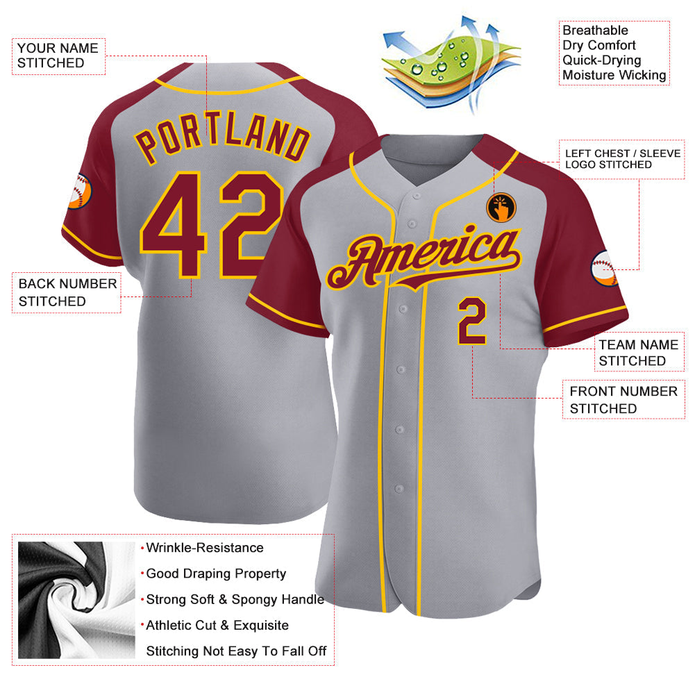 Custom Gray Crimson-Yellow Authentic Raglan Sleeves Baseball Jersey - Sky-Custom