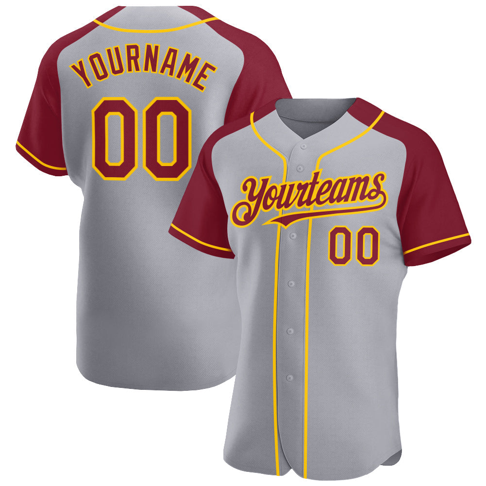 Custom Gray Crimson-Yellow Authentic Raglan Sleeves Baseball Jersey - Sky-Custom