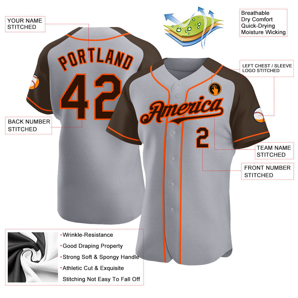 Custom Gray Brown-Orange Authentic Raglan Sleeves Baseball Jersey - Sky-Custom