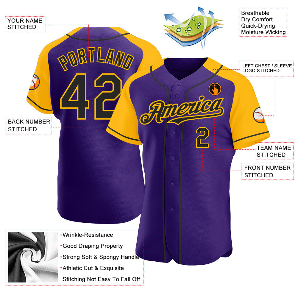 Custom Purple Black-Gold Authentic Raglan Sleeves Baseball Jersey - Sky-Custom