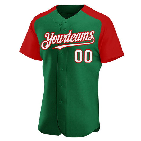 Custom Kelly Green White-Red Authentic Raglan Sleeves Baseball Jersey - Sky-Custom