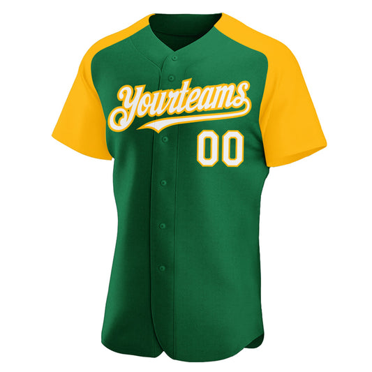 Custom Kelly Green White-Gold Authentic Raglan Sleeves Baseball Jersey - Sky-Custom