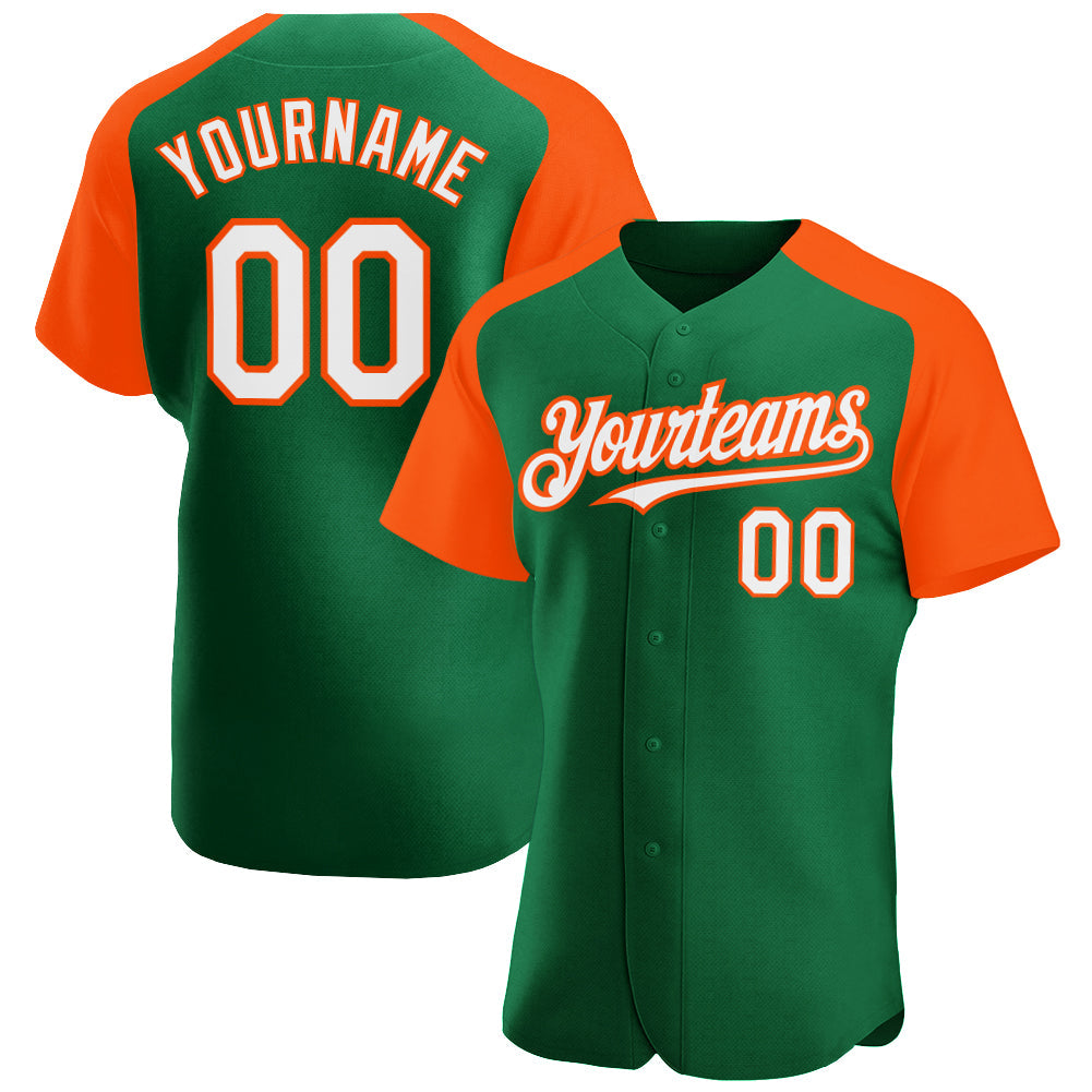 Custom Kelly Green White-Orange Authentic Raglan Sleeves Baseball Jersey - Sky-Custom