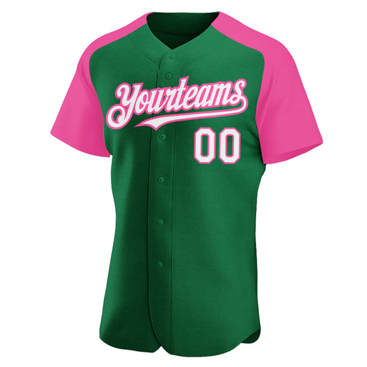 Custom Kelly Green White-Pink Authentic Raglan Sleeves Baseball Jersey - Sky-Custom