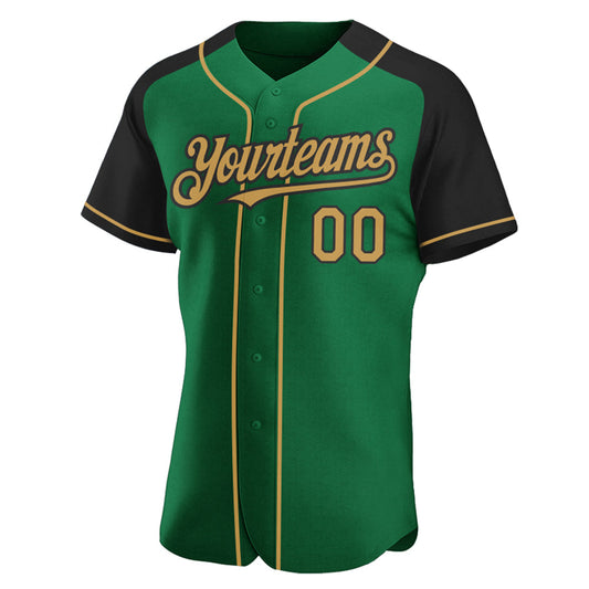 Custom Kelly Green Old Gold-Black Authentic Raglan Sleeves Baseball Jersey - Sky-Custom