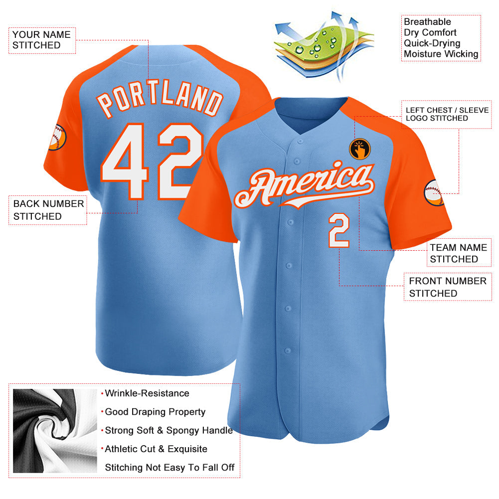 Custom Light Blue White-Orange Authentic Raglan Sleeves Baseball Jersey - Sky-Custom
