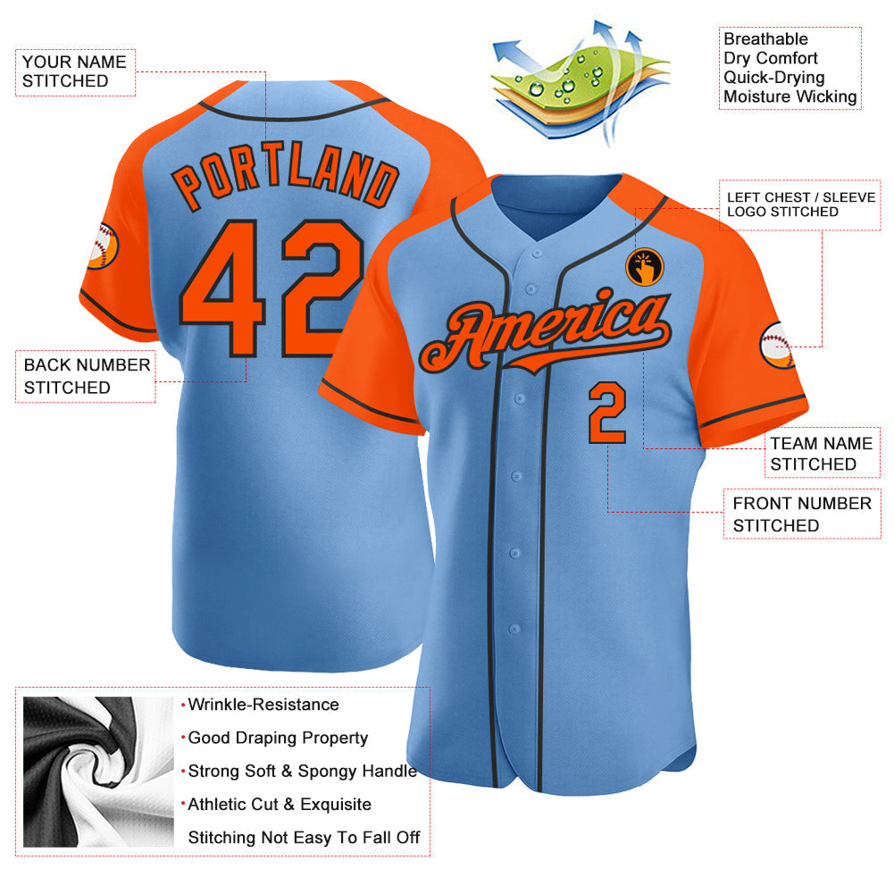 Custom Light Blue Orange-Black Authentic Raglan Sleeves Baseball Jersey - Sky-Custom