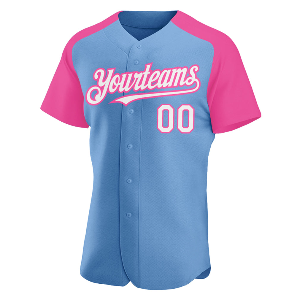 Custom Light Blue White-Pink Authentic Raglan Sleeves Baseball Jersey - Sky-Custom