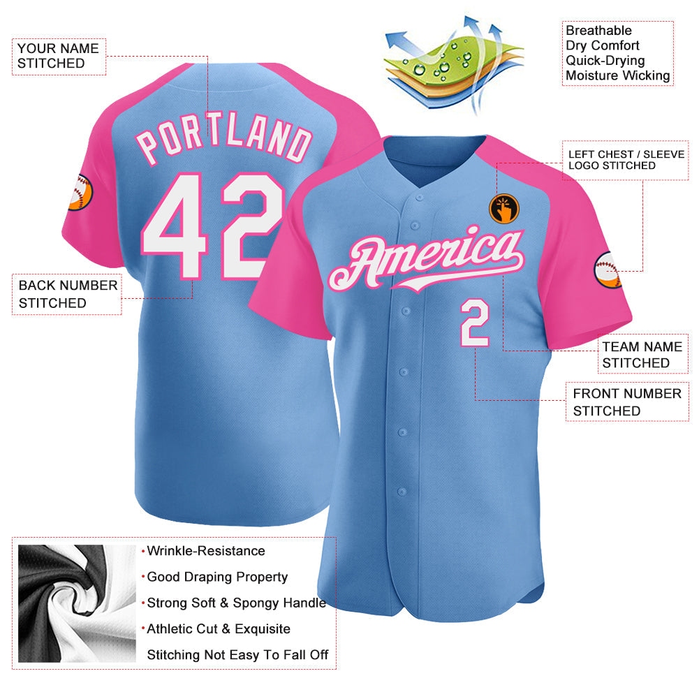 Custom Light Blue White-Pink Authentic Raglan Sleeves Baseball Jersey - Sky-Custom