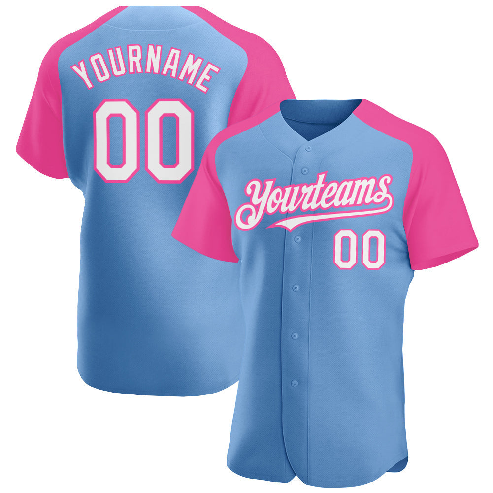 Custom Light Blue White-Pink Authentic Raglan Sleeves Baseball Jersey - Sky-Custom