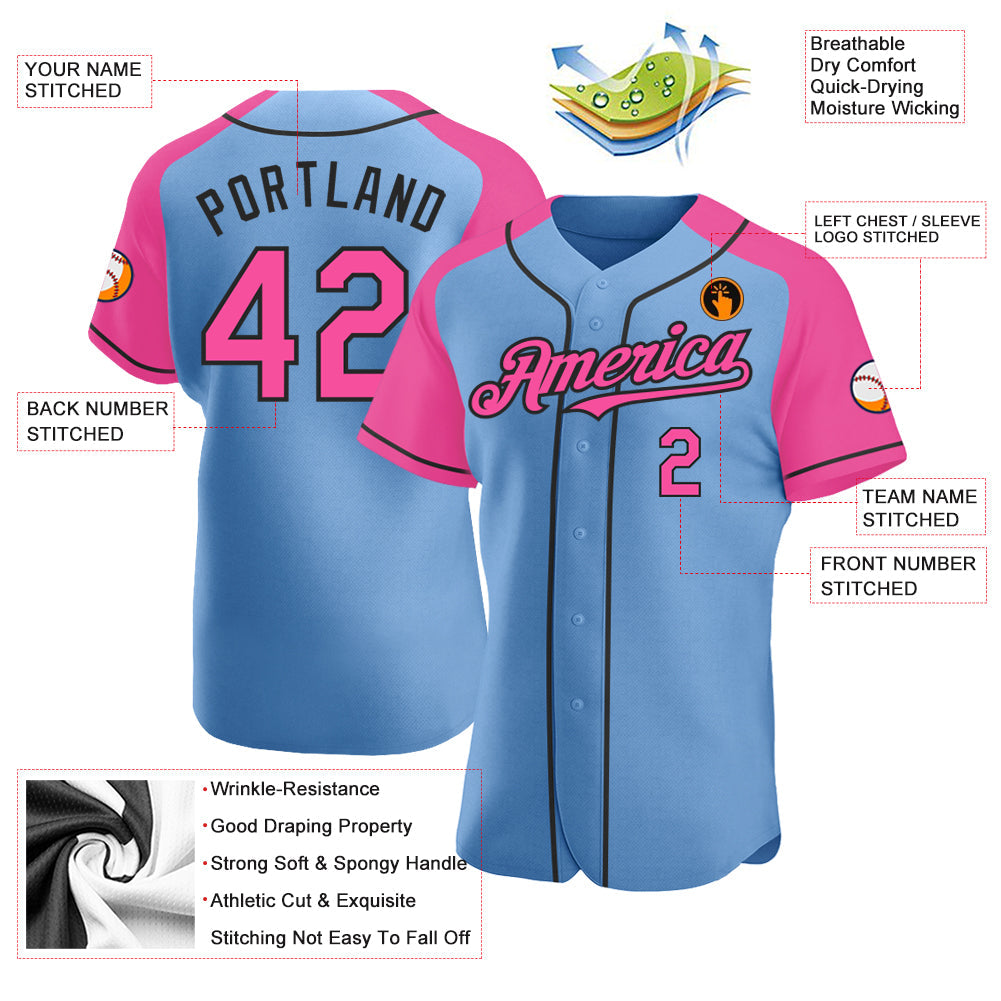 Custom Light Blue Pink-Black Authentic Raglan Sleeves Baseball Jersey - Sky-Custom