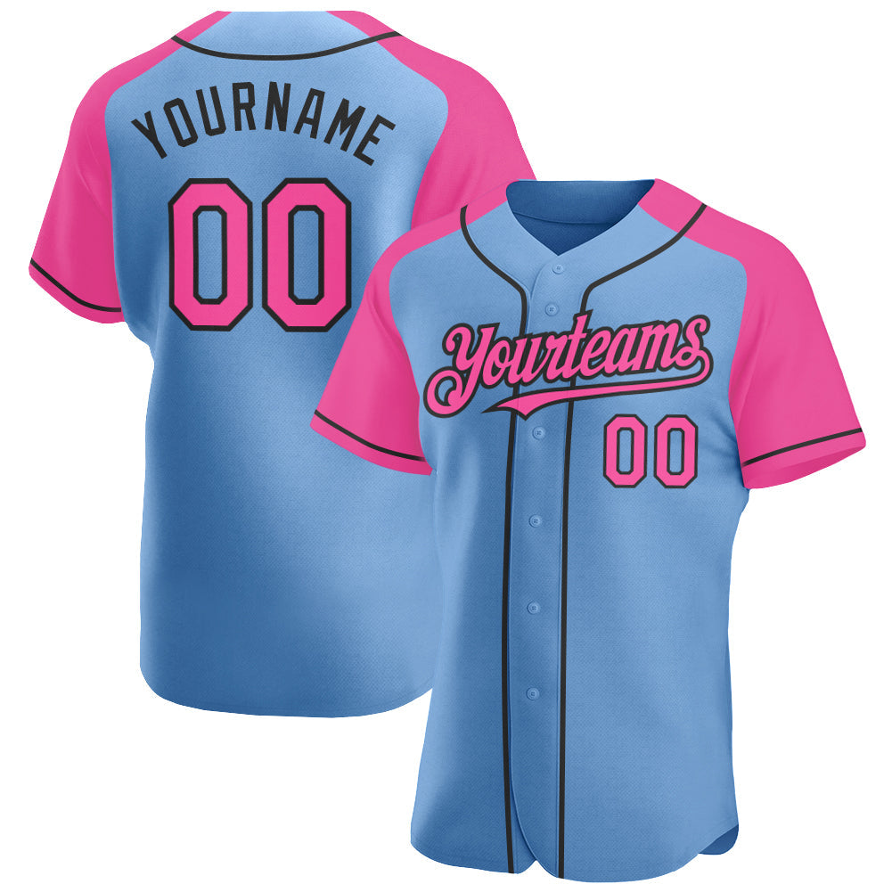 Custom Light Blue Pink-Black Authentic Raglan Sleeves Baseball Jersey - Sky-Custom