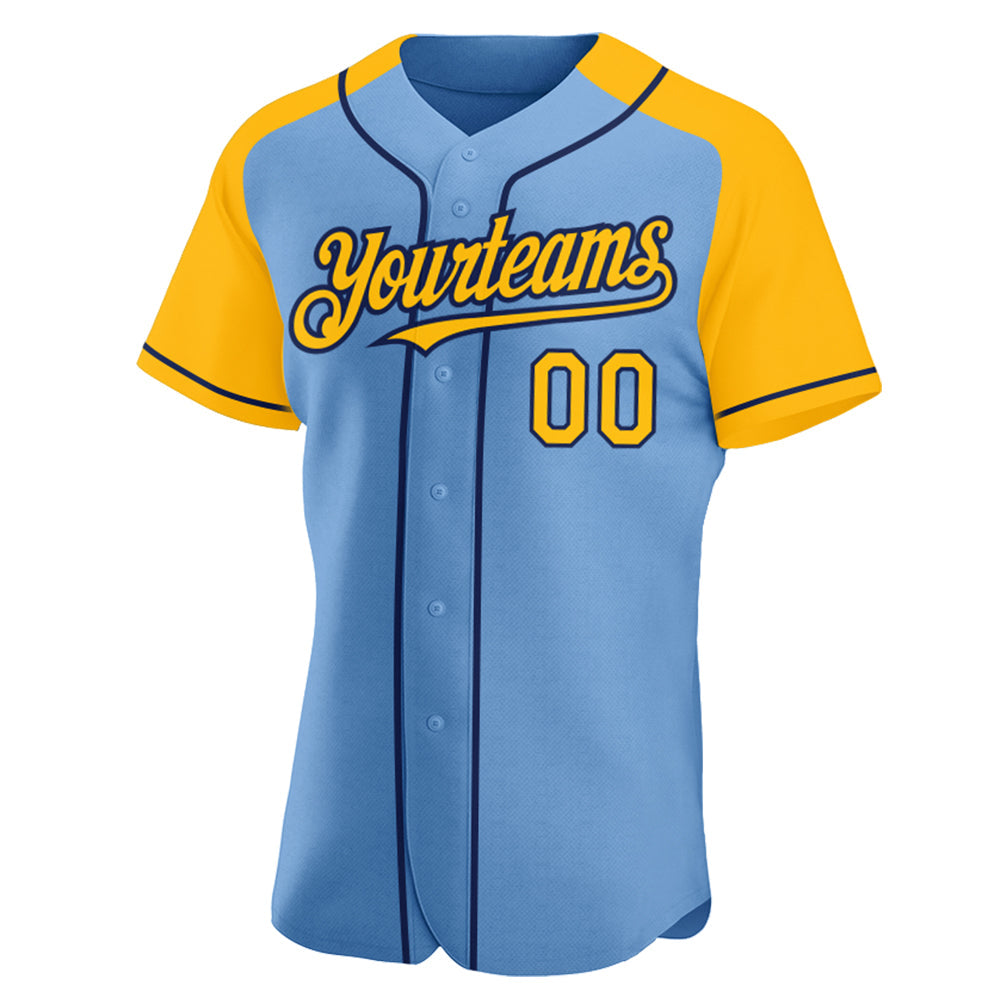 Custom Light Blue Gold-Navy Authentic Raglan Sleeves Baseball Jersey - Sky-Custom