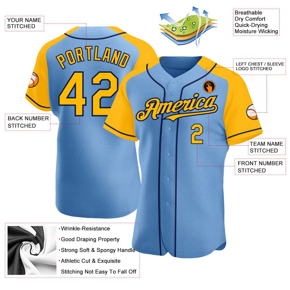 Custom Light Blue Gold-Navy Authentic Raglan Sleeves Baseball Jersey - Sky-Custom