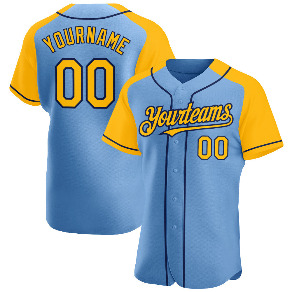 Custom Light Blue Gold-Navy Authentic Raglan Sleeves Baseball Jersey - Sky-Custom