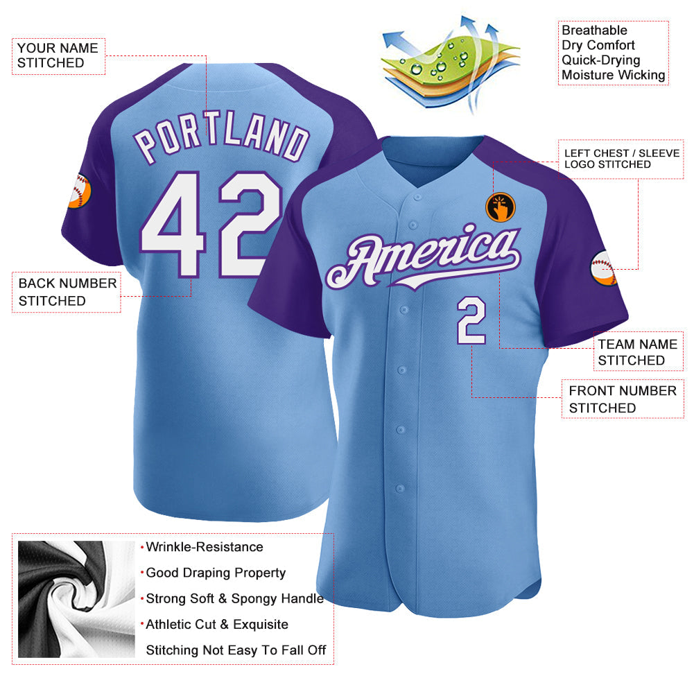Custom Light Blue White-Purple Authentic Raglan Sleeves Baseball Jersey - Sky-Custom